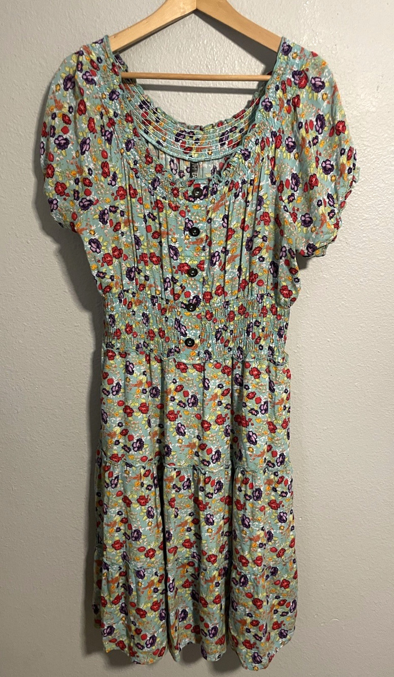 Lapis Womens Dress Large Colorful Floral Tiered Cottagecore Prairie Boho Mod